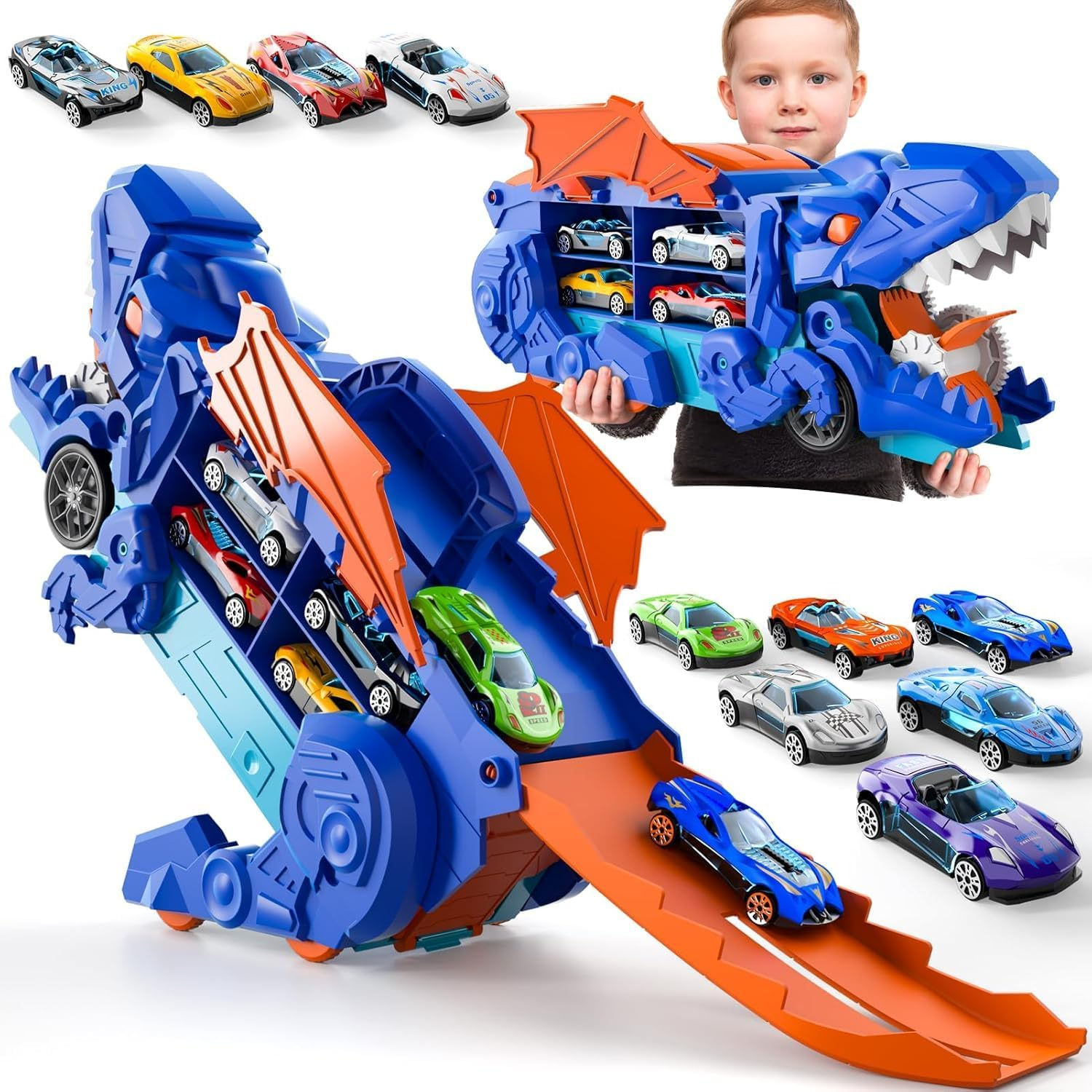 Valdera Dinasour Toys Transporter Truck Track for Kids, Foldable Dinosaur Truck with 10 Racing Cars, Dino Educational Toy for Kids Boys Girls Birthday Gift (Blue) image number 2