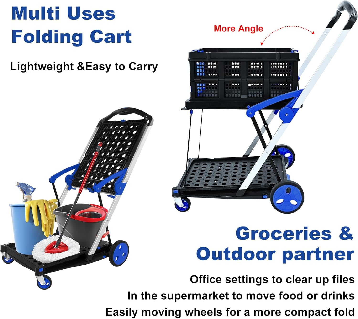 OSWIN Folding Trolley with Wheels, Double Layer Portable Trolley Shopping Carts, Folding Shopping Cart with Storage Crate, Office Folding Cart, Multi Use Functional Collapsible Carts for Supermarket image number 5
