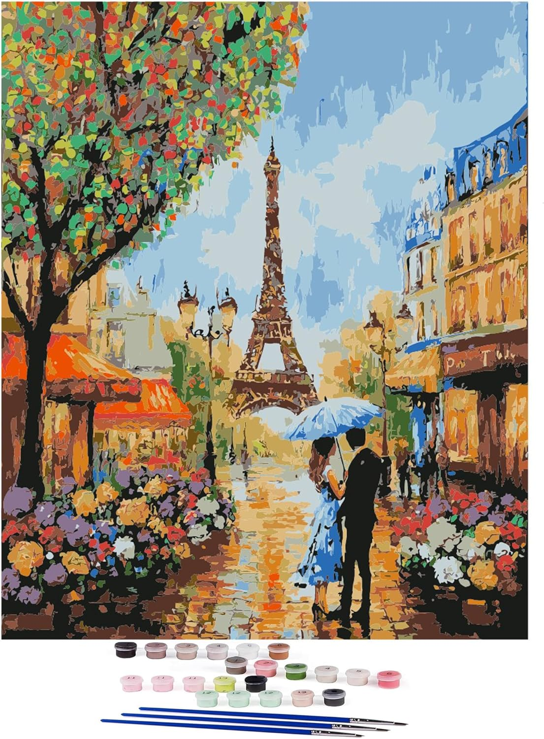 Paint by Numbers Kit for Adults Beginner,Paris Flower Eiffel Tower Adult Paint by Number Kits on Canvas without Frame,Colorful Flowers Landscape Oil Paint by Numbers with 3 Brushes for Home Decor 16&rdquo; W X 16&rdquo;L