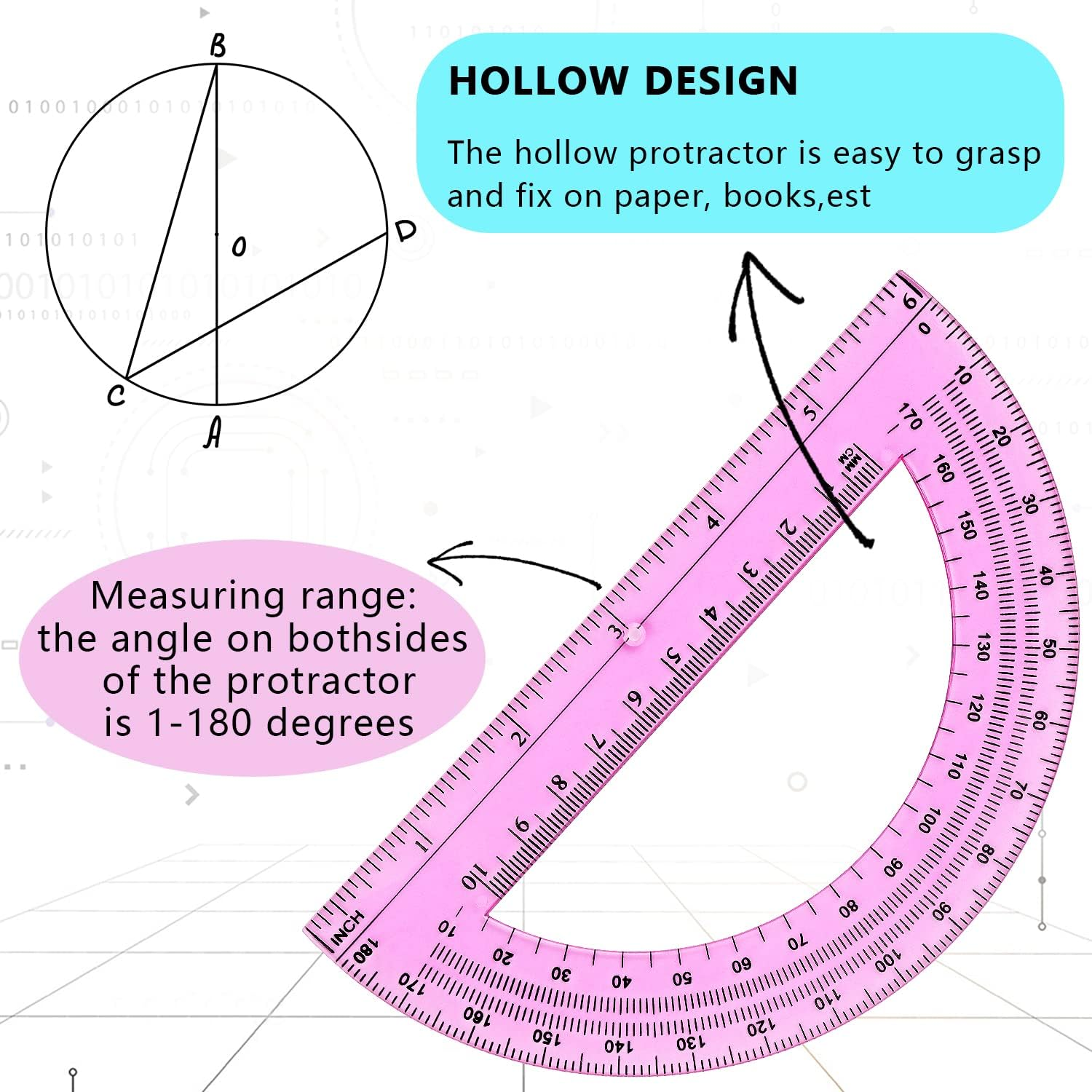 12 Pack Plastic Protractor 6 Inches Math Protractors 180 Degrees for School Office Supplies, Clear/Blue/Pink image number 1