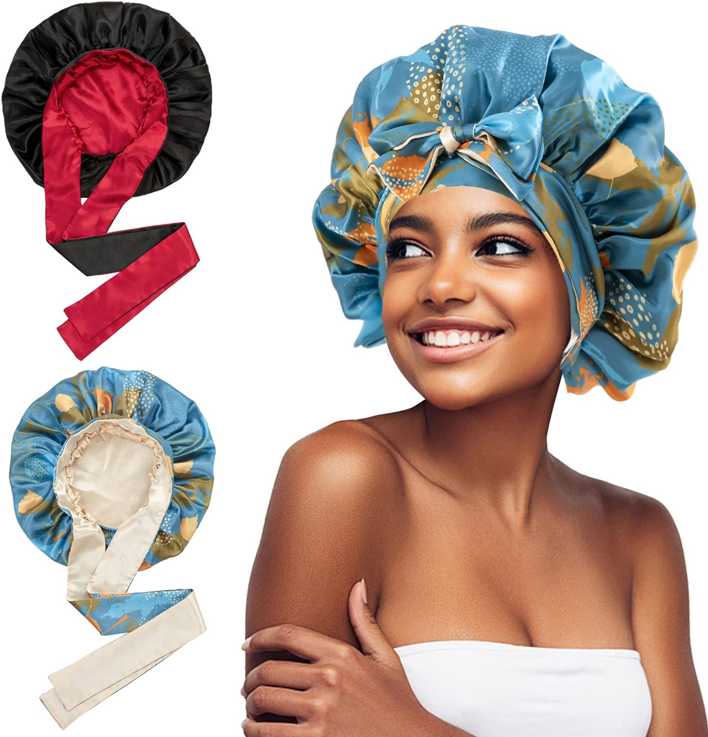 Satin Bonnet Silk Bonnet Hair Bonnet for Sleeping Large Bonnet for Women Reversible Bonnet Tie Band for Natural Curly Hair
