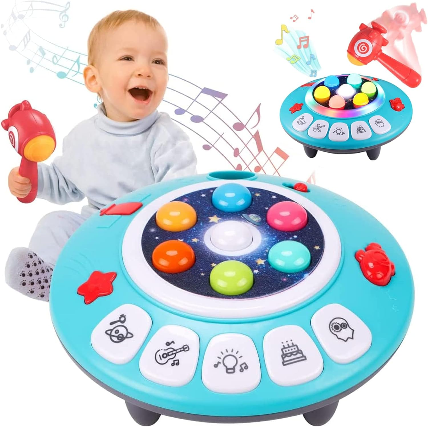 8-In-1 Musial Pounding Toy, Toddler Toy Age 2-4 Boy, Light-Up UFO Musical Interactive Pounding Toy, Spaceship Hammer Educational Game for 2 3 4 5 Kids, Fun Birthday Gifts Boys Girls Present
