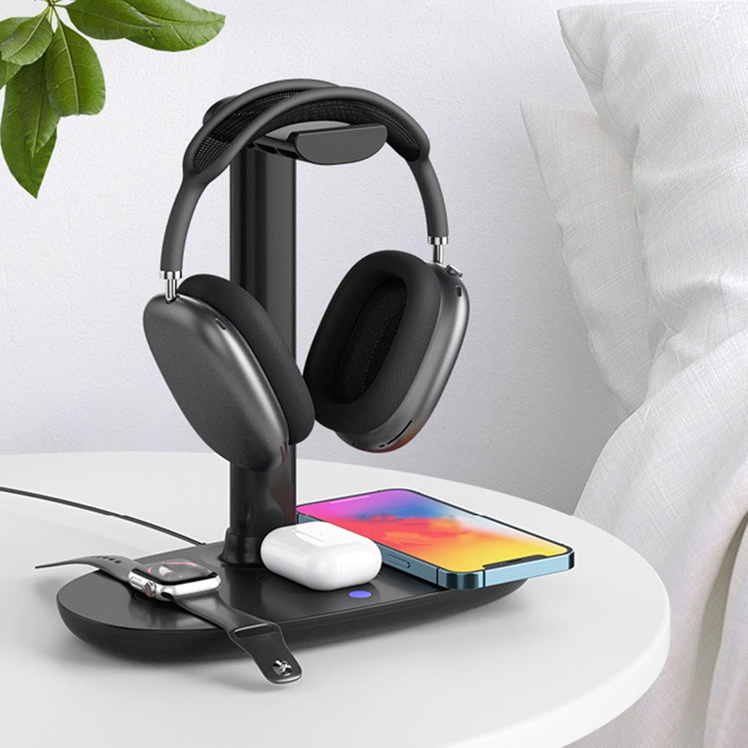 Headphone Charging Stand, 4 in 1 Gaming Headset Holder Hanger for Qi Device, Desktop Wireless Charging Station for Cell Phones Headphone (Black) - White image number 2
