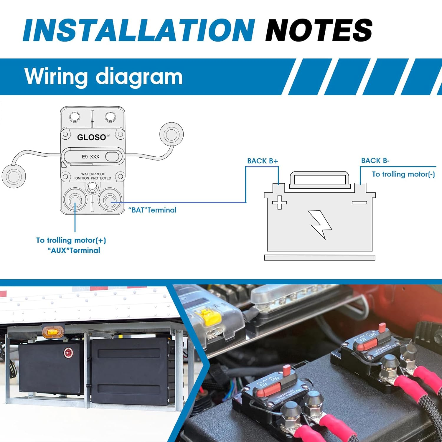 GLOSO E9C Waterproof Circuit Breaker 12V-48V DC 30 Amp Extended Surface Mount 5/16" Diagonal Stud for Marine RV Truck Use IP67 Rated Manual Reset Function(30A) image number 6