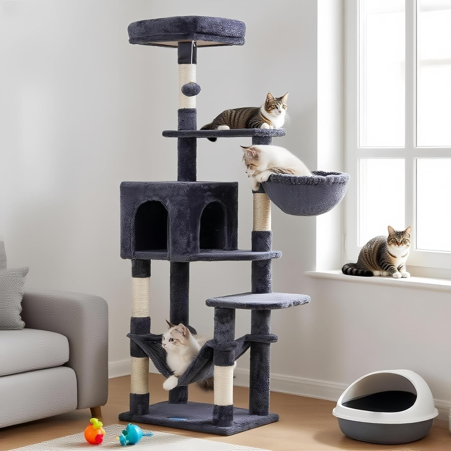 Hey-Brother Cat Tree with Large Hammock, Multi-Level Cat Tower for Indoor Cats, Cat Condo with Sisal-Covered Scratching Posts and Top Perch, Smoky Gray MPJ050G image number 1