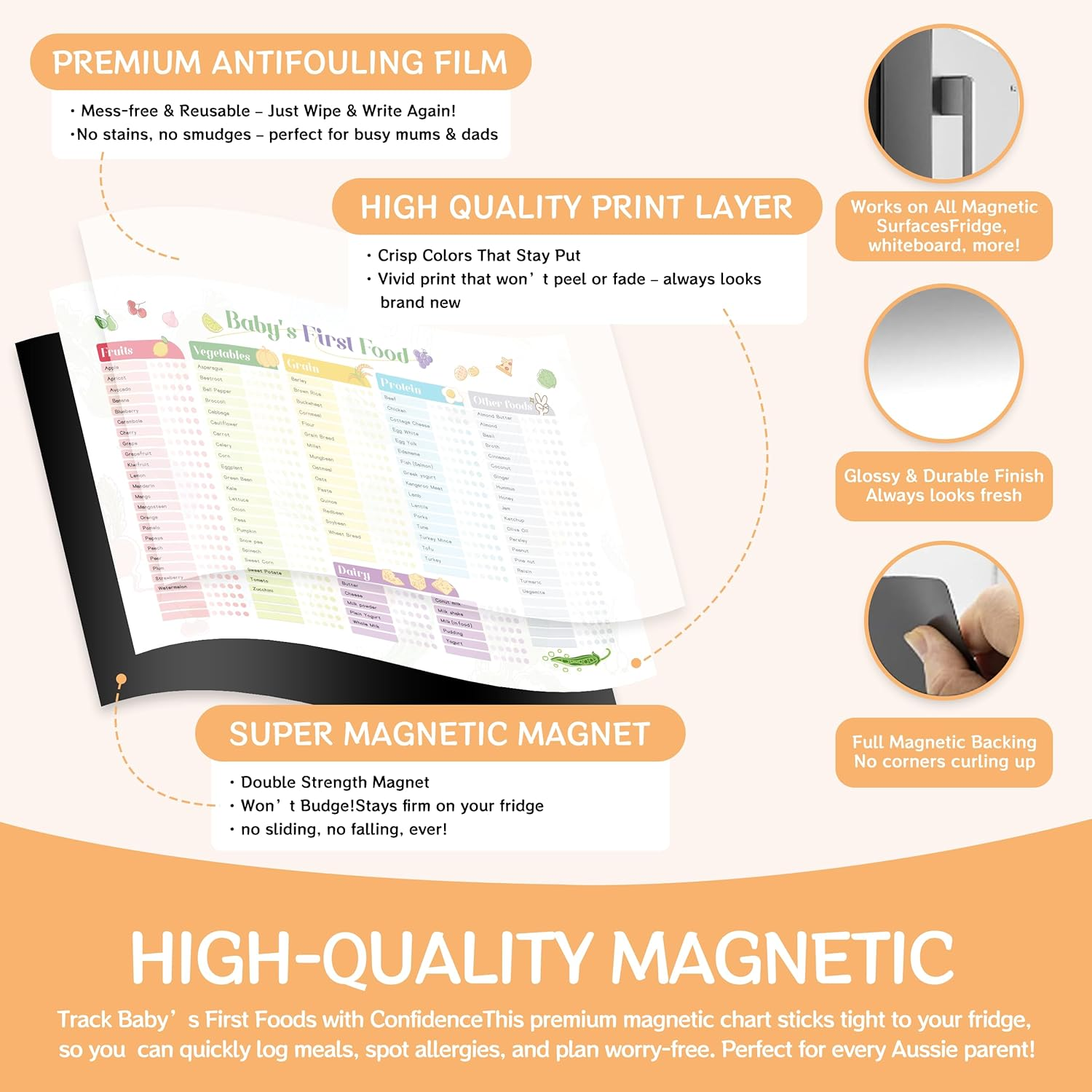 Baby Food Tracker Magnetic Chart &ndash; 100+ Aussie First Foods Checklist | Reusable Fridge Whiteboard for Weaning, Allergies & Meals (6M+) | 2 Markers & Eraser Included image number 5