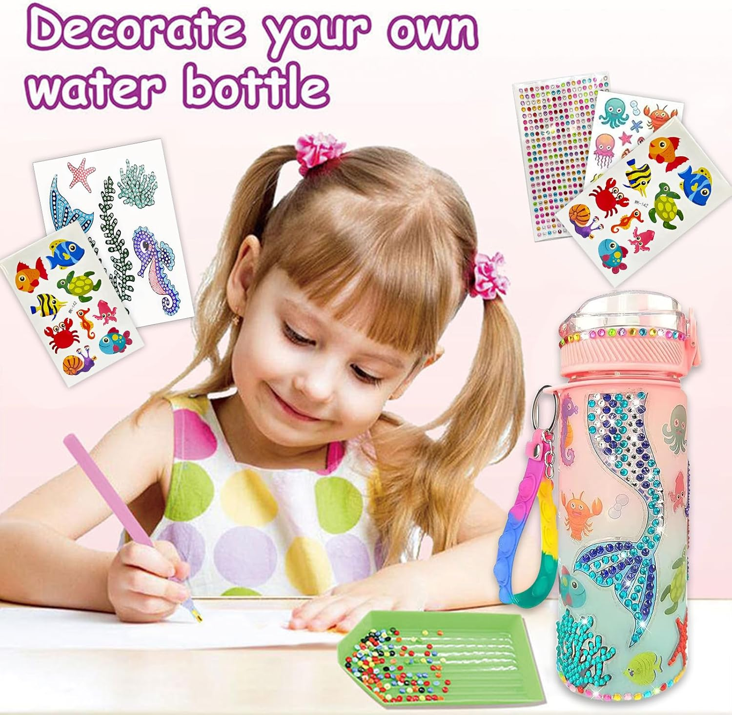 MEIYUETAOSI Decorate Your Own Water Bottle Kits for Girls, DIY Mermaid Water Bottle Decorating Kits for Girls Ages 6-12, Fun Arts and Crafts Project image number 2