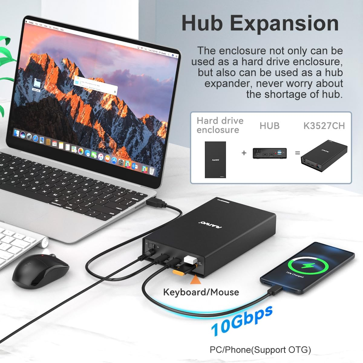 MAIWO External Hard Drive Enclosure(6Gbps) with Hub Expander for 3.5 2.5 Inch SATA SSD HDD USB C to SATA III with UASP, 1 Port USB C Hub/2 Port USB a 10Gbps Hub,Compatible with Seagate Samsung Xbox image number 6