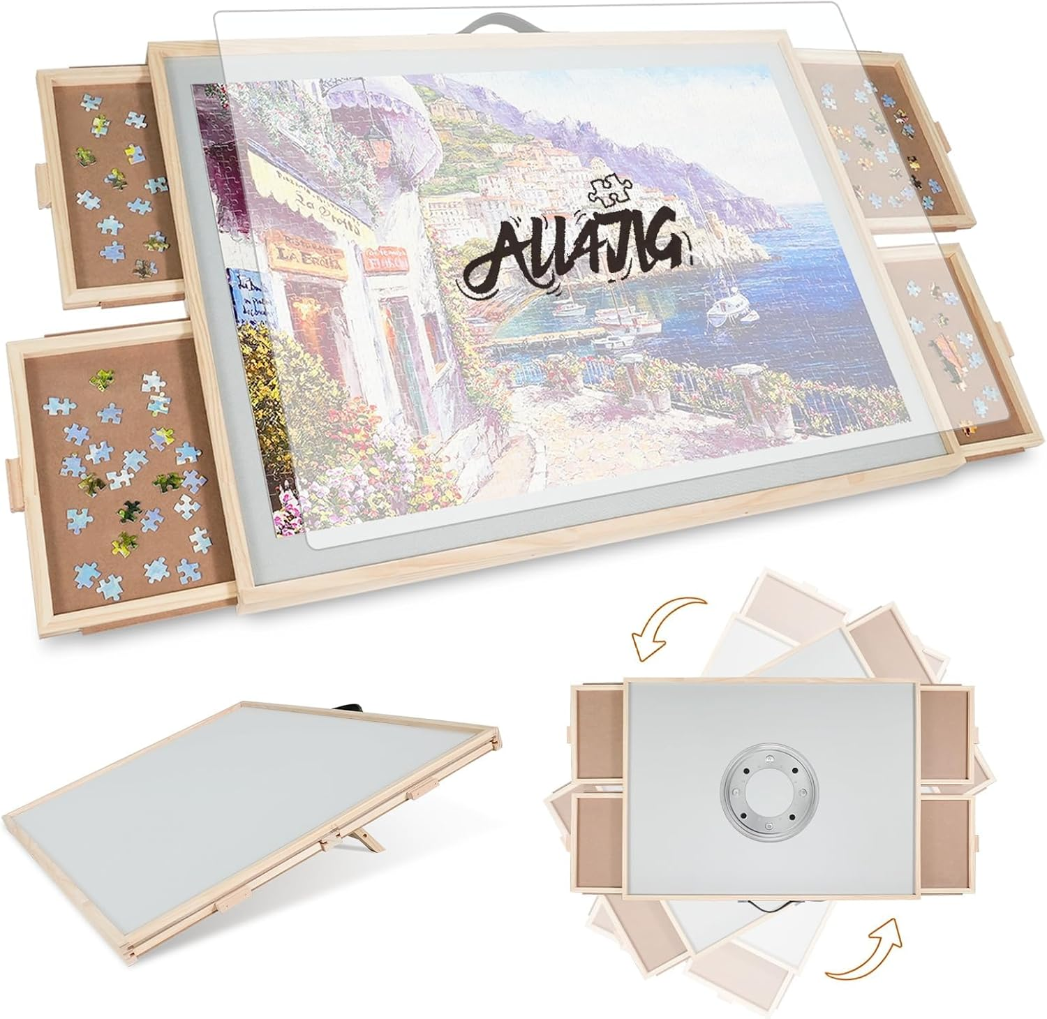 ALL4JIG 1500 Pieces Tilting & Rotating Puzzle Board for Adults Gifts, Wooden Jigsaw Puzzle Table with 4 Drawers, Portable Board with Lazy Susan and Cover