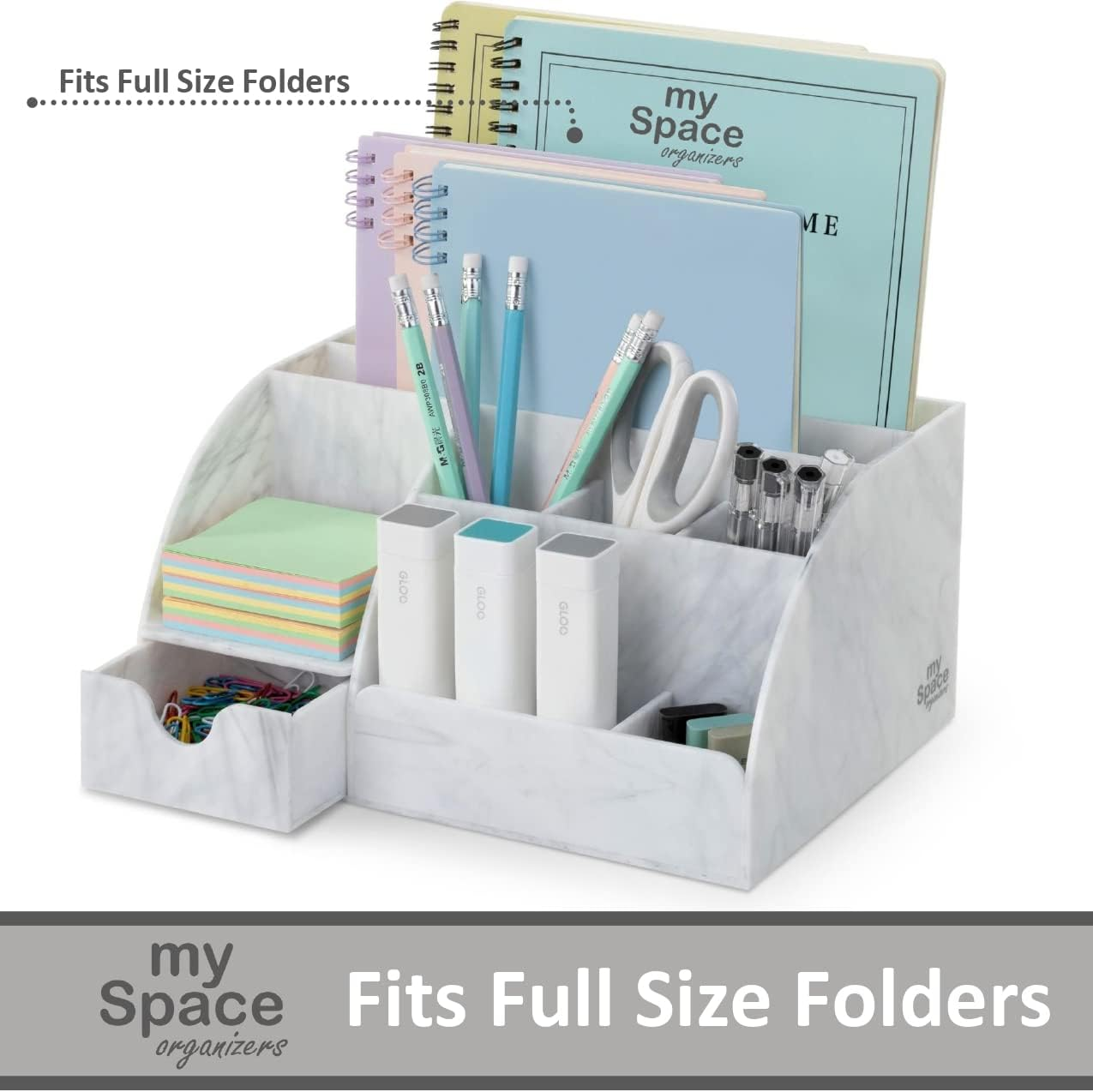 Acrylic Office Desk Organizer with Drawer, Marble 9 Compartments, All in One Office Supplies and Cool Desk Accessories Organizer, Enhance Your Office Decor Desktop Organizer (White Grey Marble) - Gray image number 2