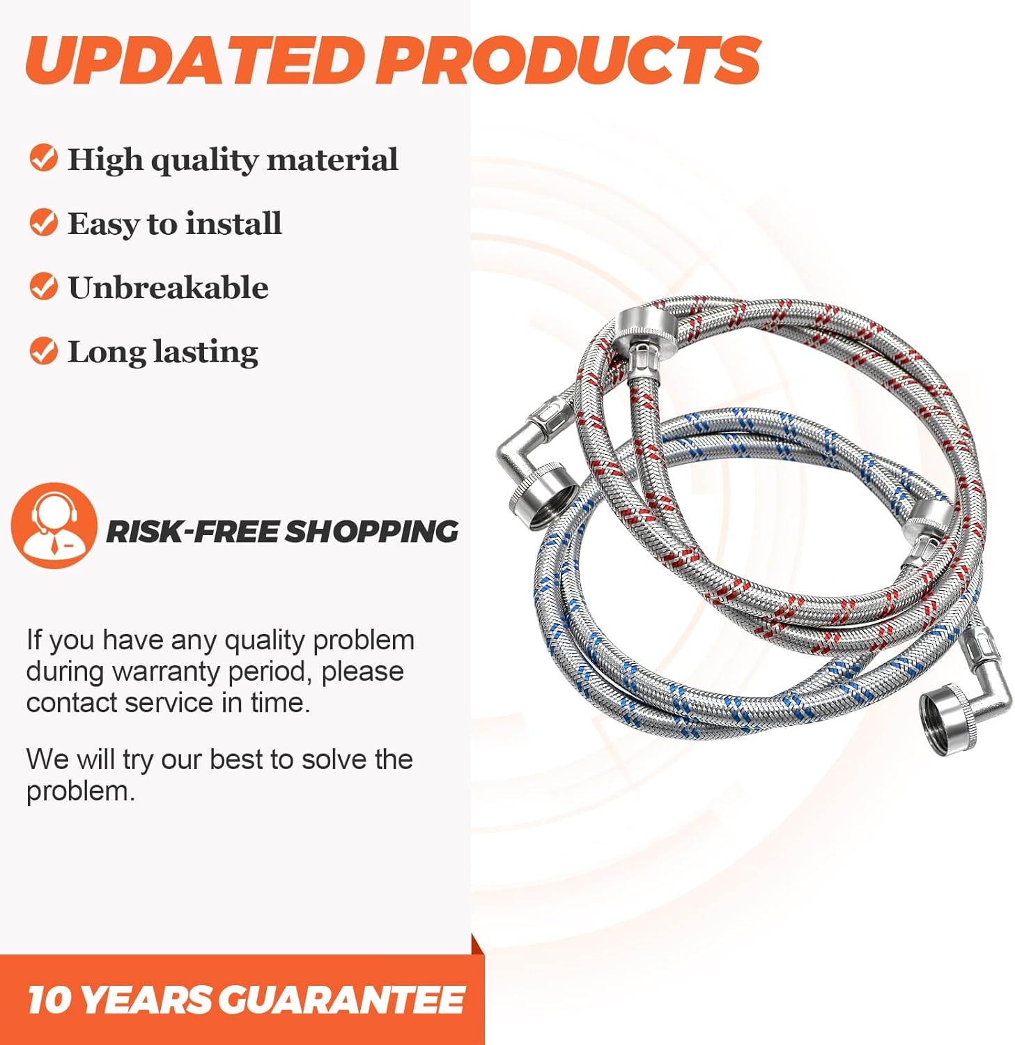 6FT Washer Stainless Steel Hoses with 90 Degree Elbows by Beaquicy - Burst Proof 3/4" FHT Standard Thread - 2 Pack Red and Blue Braided Hoses for Hot and Cold Water Supply - 10 Year Warranty image number 6