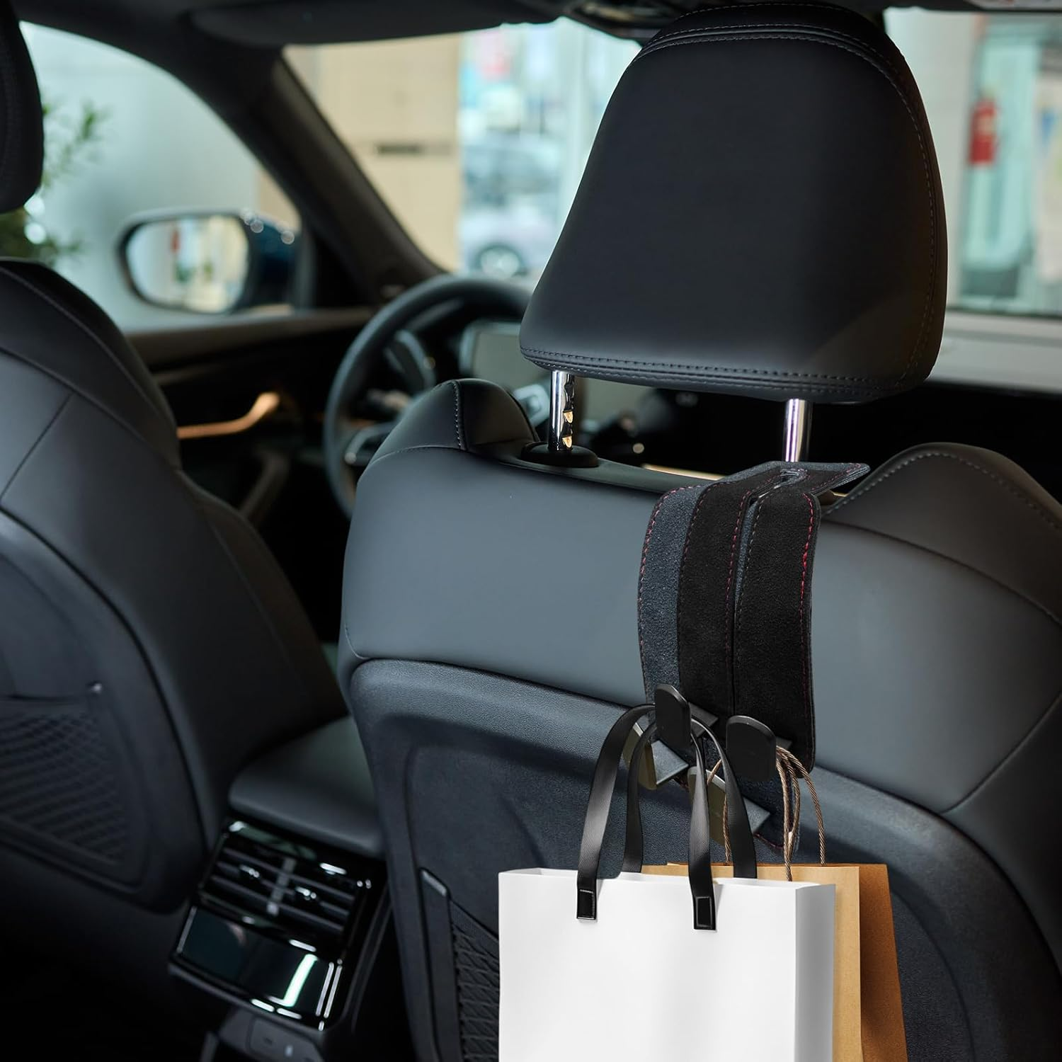 WELANE Car Seat Storage Hooks, 2 PCS Leather Car Seat Storage Hanger for Car Organizers and Storage Accessories (Black) image number 6