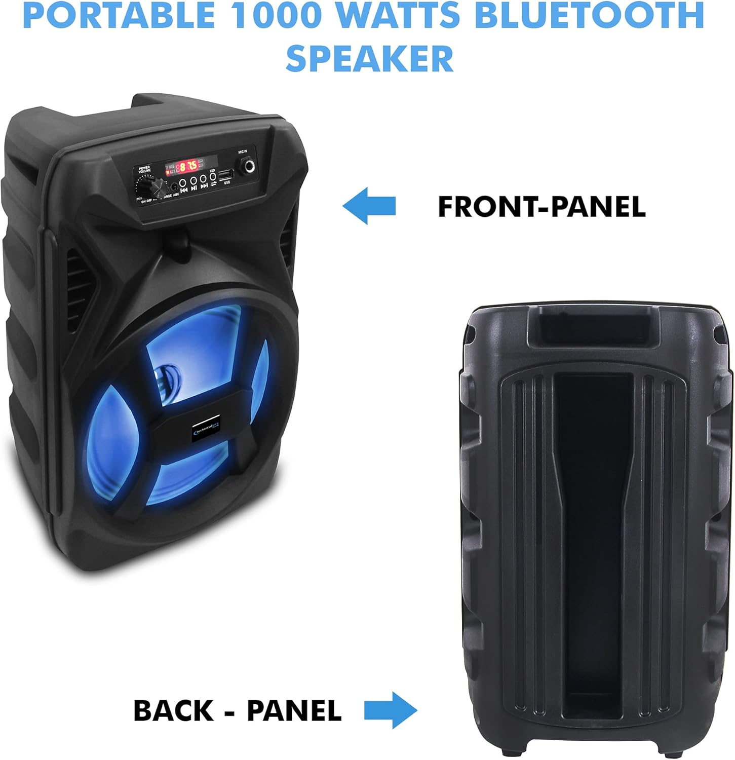 Technical Pro 500 Watts Portable 8 Inch Bluetooth Speaker with Woofer & Tweeter - Festival PA LED Speaker with Bluetooth/Usb Card Inputs, & True Wireless Stereo (Speaker)