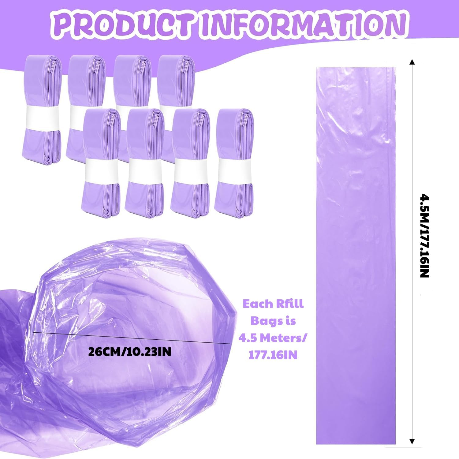 Nappy Bin Refill Bags Diaper Pail Refills Bag Diaper Bin Bags,4.5M Odor Blocking Diaper Pail Liner Cat Litter Refill Garbage Bags (8Pcs-Purple) image number 3