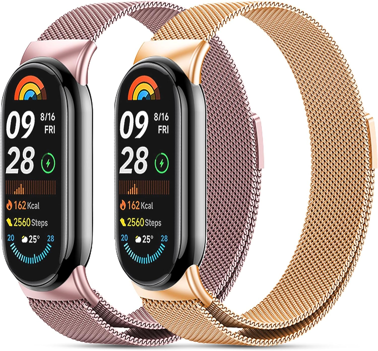 CHANRASI Pack of 2 Replacement Wristbands Compatible with Xiaomi Mi Band 9/8 Women Men Adjustable Metal Bracelets Made of Stainless Steel for Xiaomi Mi Band 9/8 Black Silver