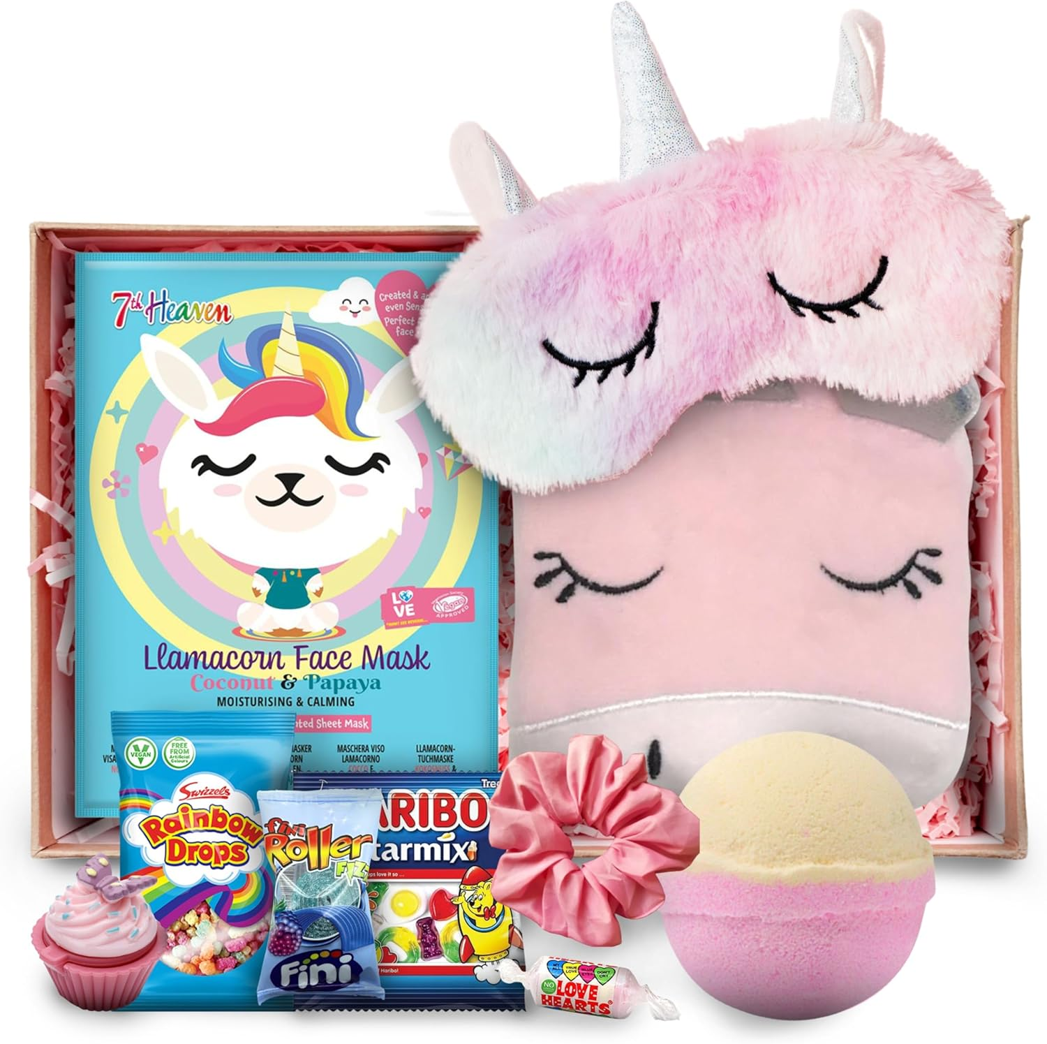 Kids Pamper Sets for Girls - Unicorn Eye Sleep Mask, 7Th Heaven Kids Face Mask, Kids Lip Balm, Bath Bomb, Unicorn Bath Sponge and Satin Scrunchie image number 5