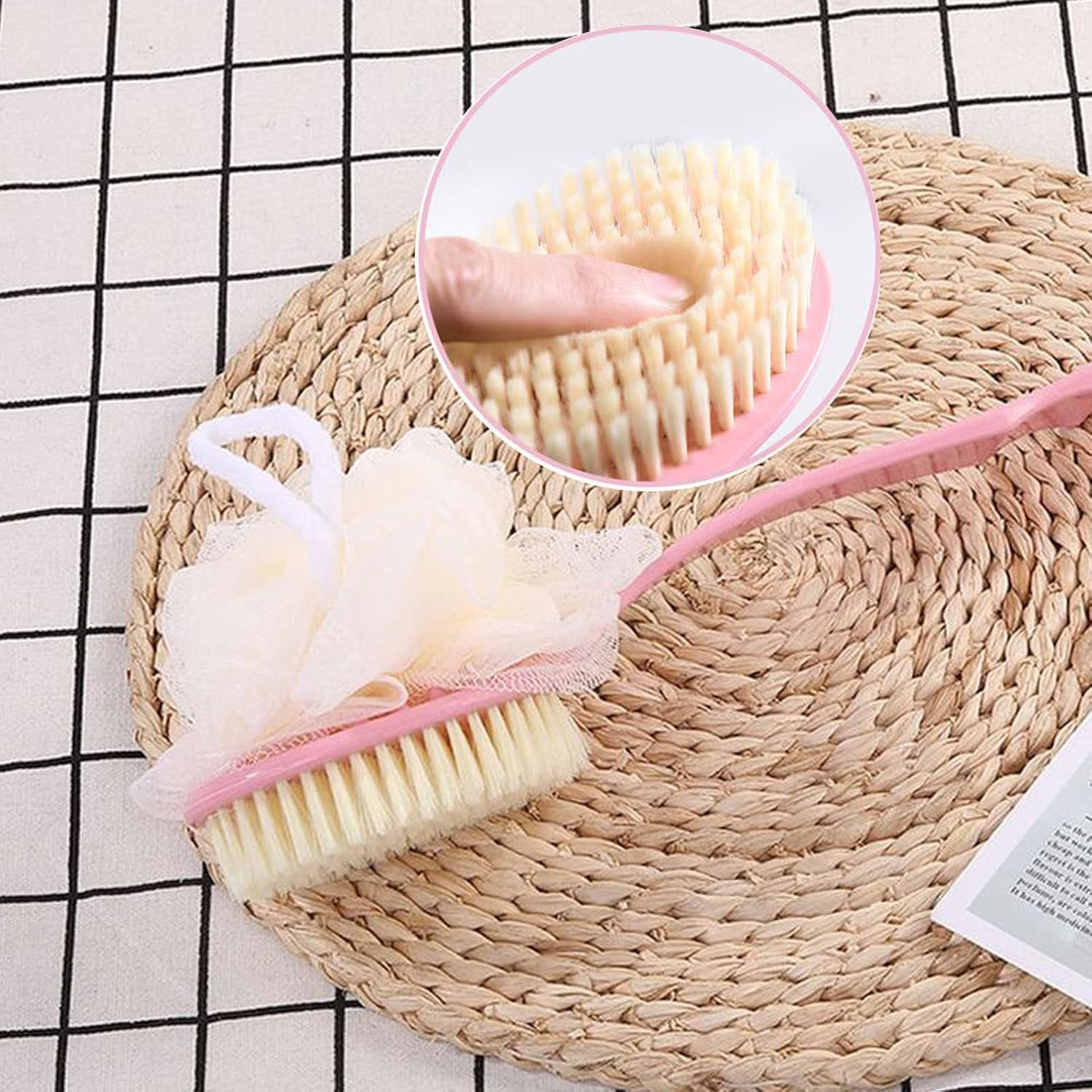 2 Pack Body Brush Back Scrubber for Shower Bath Back Scrubber with Soft Loofah and Bristles Back Scrubber Bath Mesh with Curved Long Handle Suitable for Wet or Dry, Women and Men (Pink，Blue, One Size)