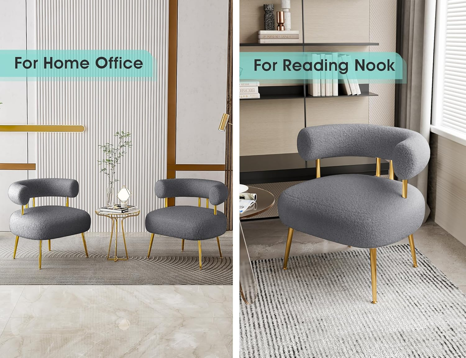 SEYNAR Mid Century Sherpa Boucle Accent Chair, round Upholstered Barrel Arm Chair for Small Spaces, Fluffy Side Corner Sofa Armchair for Living Room, Bedroom, Vanity, Office, Reading Nook(Grey) - Gray image number 2