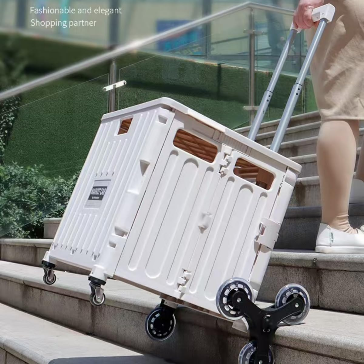 Foldable Shopping Cart 65L Plastic Shopping Trolley Stair Climbing Utility Crate,Folding Utility Cart Portable Rolling Crate with Collapsible 360&deg; Rotate Wheels&Telescoping Handle (White)