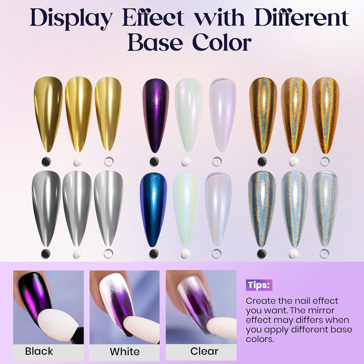 MIZHSE Pearl Chrome Nail Powder for Nails Iridescent Mermaid Glitter Powder, Holographic Solid Pigment Aurora Gold Silver Mirror Powder Nail Art(6 in 1) image number 2