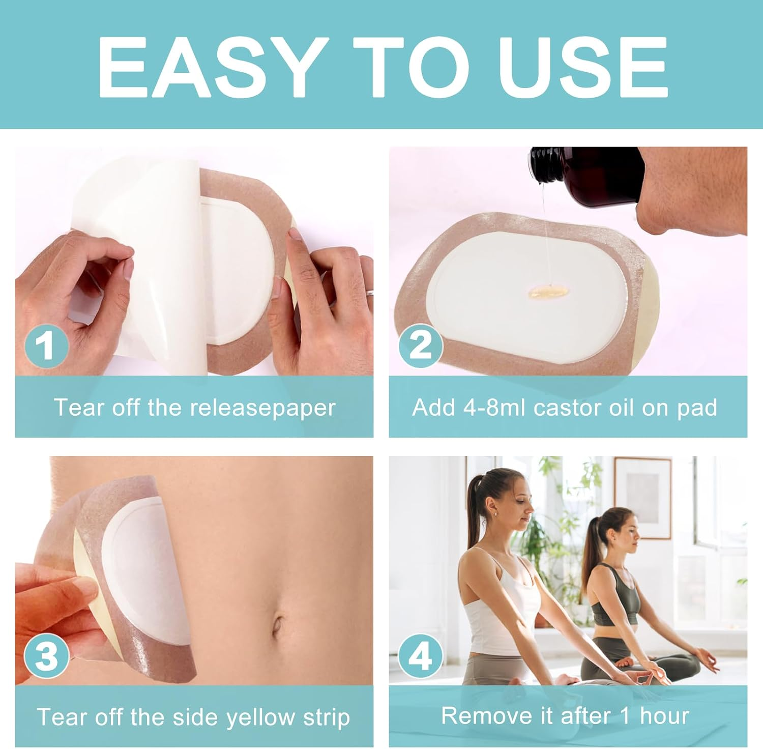 24Pcs Castor Oil Pack Wrap, Organic Cotton Castor Oil Patches Disposable, Self-Adhesive Castor Oil Wrap Pads, Portable anti Leakage No Wash Castor Oil Packs Kit image number 2