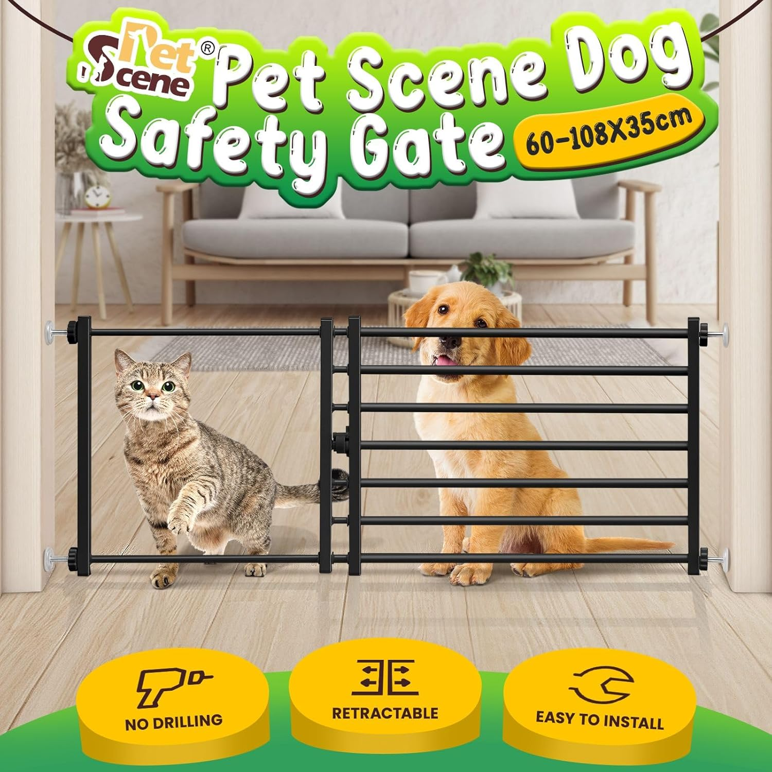 Pet Scene Dog Safety Gate Cat Fence Enclosure Safe Guard Doorway Stairs Security Barrier Retractable Puppy Low Containment Fencing, Adjustable from 60 to 108Cm image number 3