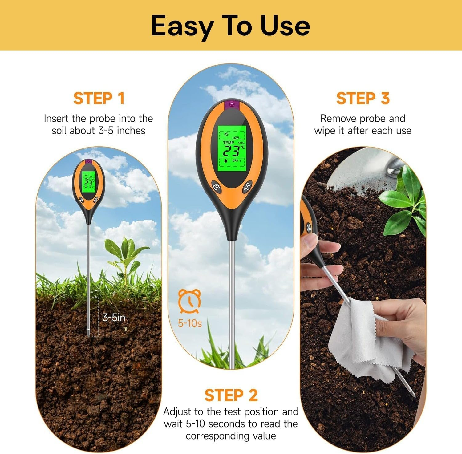 EZONEDEAL Soil Moisture Meter, Digital PH Meter, Soil Moisture, Plant Temperature, Soil Test Meter for Garden, Lawn, Plant Care, Farm & Indoor Outdoor Plants, Plant Water Monitor image number 3