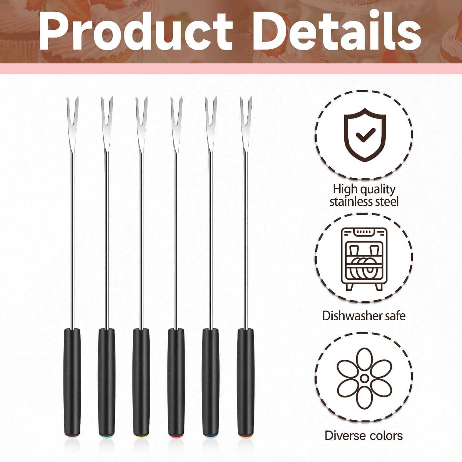 MOZEAT LENS 6 Pcs Stainless Steel Fondue Forks Long Forks Cheese Fondue Forks with Heat Resistant Handle for Roast Meat Chocolate Dessert Cheese Marshmallows, 571876_1_5Fc11Pvdm image number 2