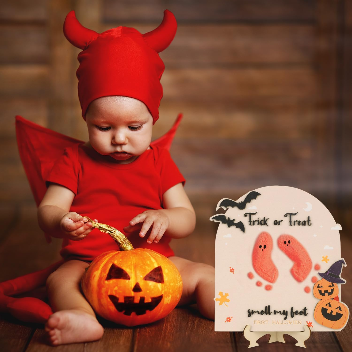 Baby'S First Halloween Footprint Wooden Milestone Card, Trick-Or-Treat Baby Footprint Sign Cute Pumpkin Decorative Halloween Keepsake DIY Craft Art Nursery Decorations