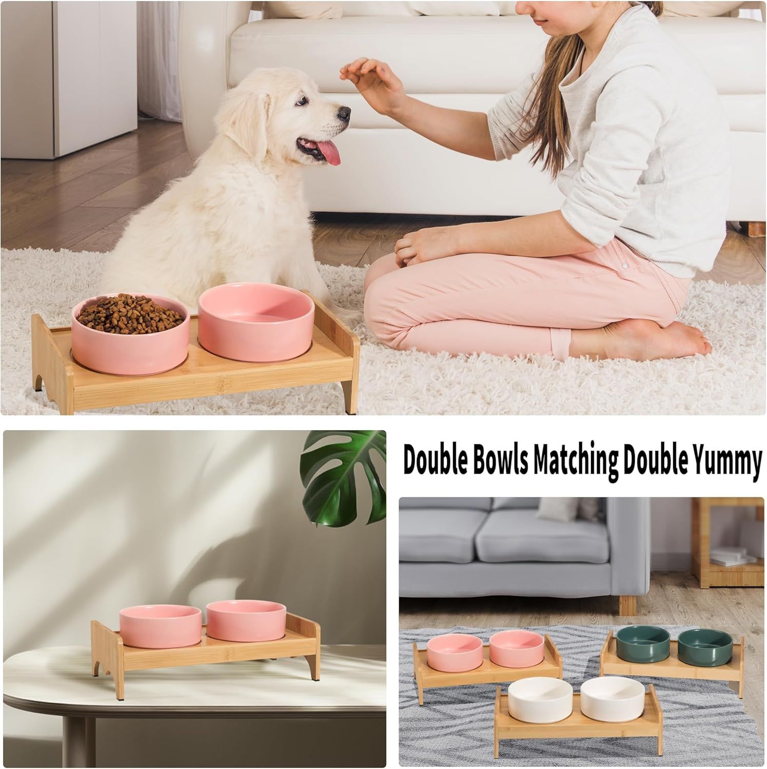 Elevated Ceramic Dog Bowl Set - Double Raised Dog Food and Water Bowls with Bamboo Stand - Pet Dishes for Cats and Puppies - 16.23 OZ - 2 Cups image number 2
