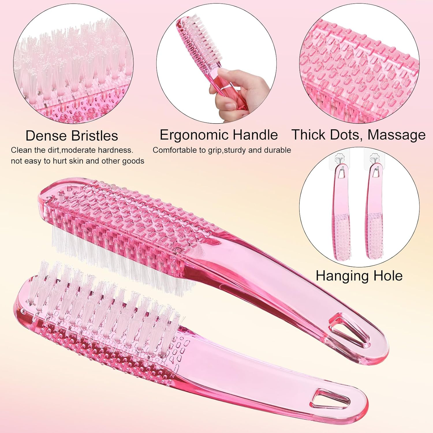 2 Pcs Handle Grip Nail Brushes for Cleaning, Long Handle Fingernail Cleaner, Hand Nail Toes Cleaning and Scrubbing Brushes, Pedicure Nail Scrubber Non-Slip for Men and Women, Hot Pink image number 1