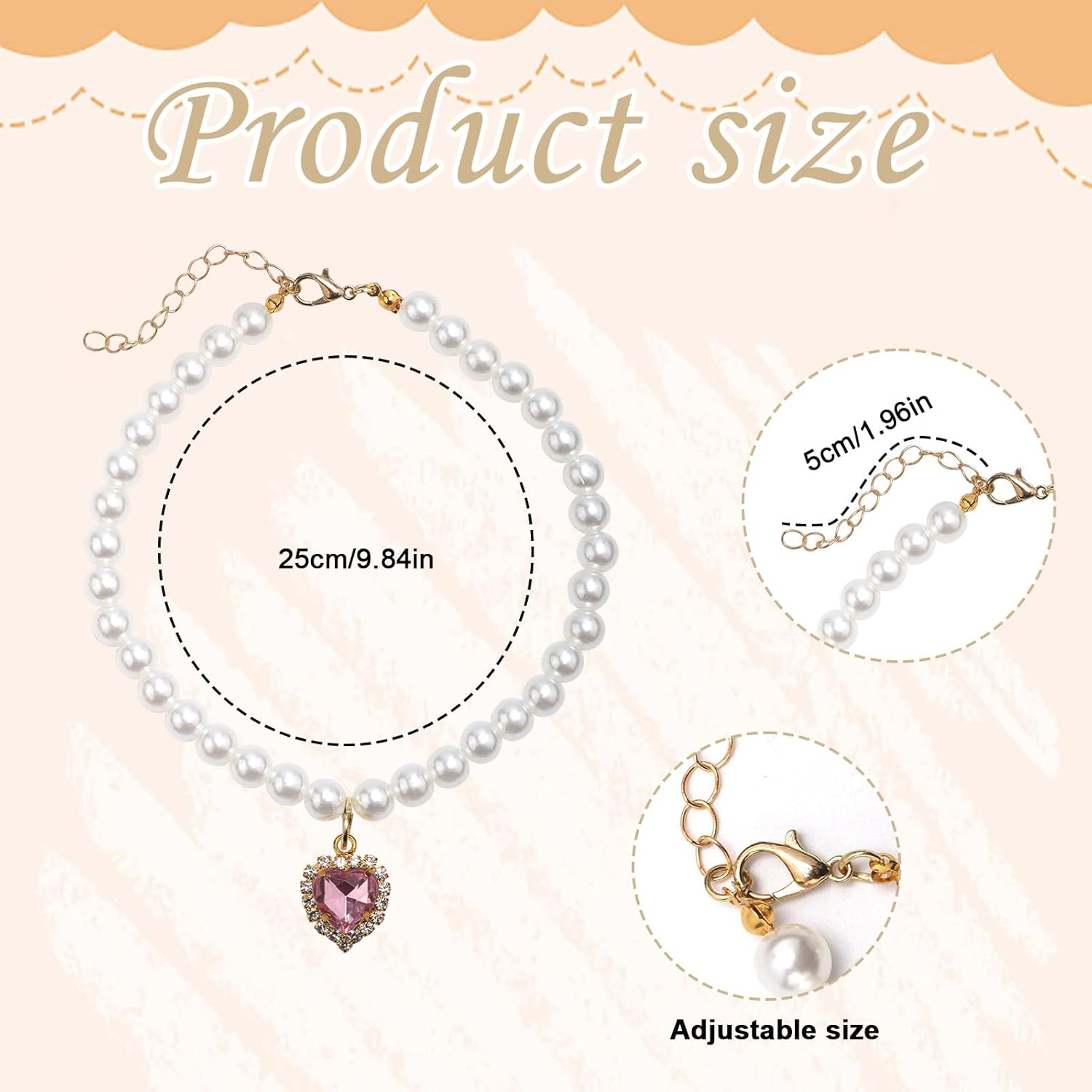3-Piece Pearl Collar for Dogs and Cats, Adjustable Pearl Collar with Heart-Shaped Rhinestone Pendant, Wedding Jewellery for Small Cat Puppies image number 4