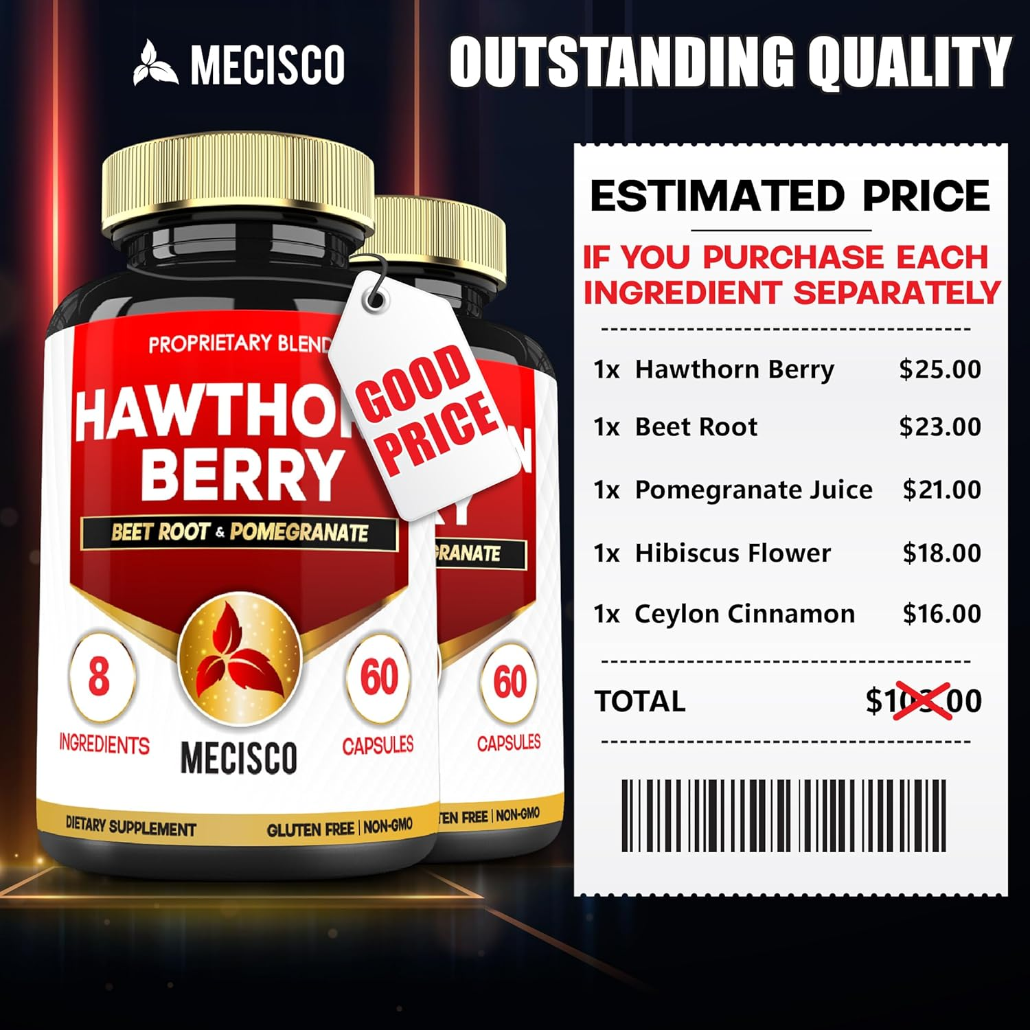2 Packs Hawthorn Berry Supplements- Beet Root, Pomegranate, Hibiscus Flower, Ceylon Cinnamon, Olive Leaf, Turmeric Curcumin, Black Pepper - Blood Pressure & Immune Supports - 4105 Mg (120 Cap) image number 2