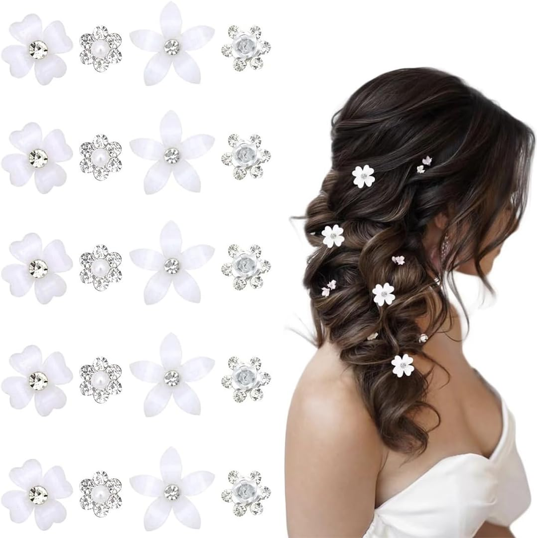 WUSJCOF 20 Pieces Mini Flower Hair Clips Cute Rhinestone Hairpins Small Decorative Wedding Hair Clips Bridal Hair Accessories for Girls and Women (White Flowers) image number 1