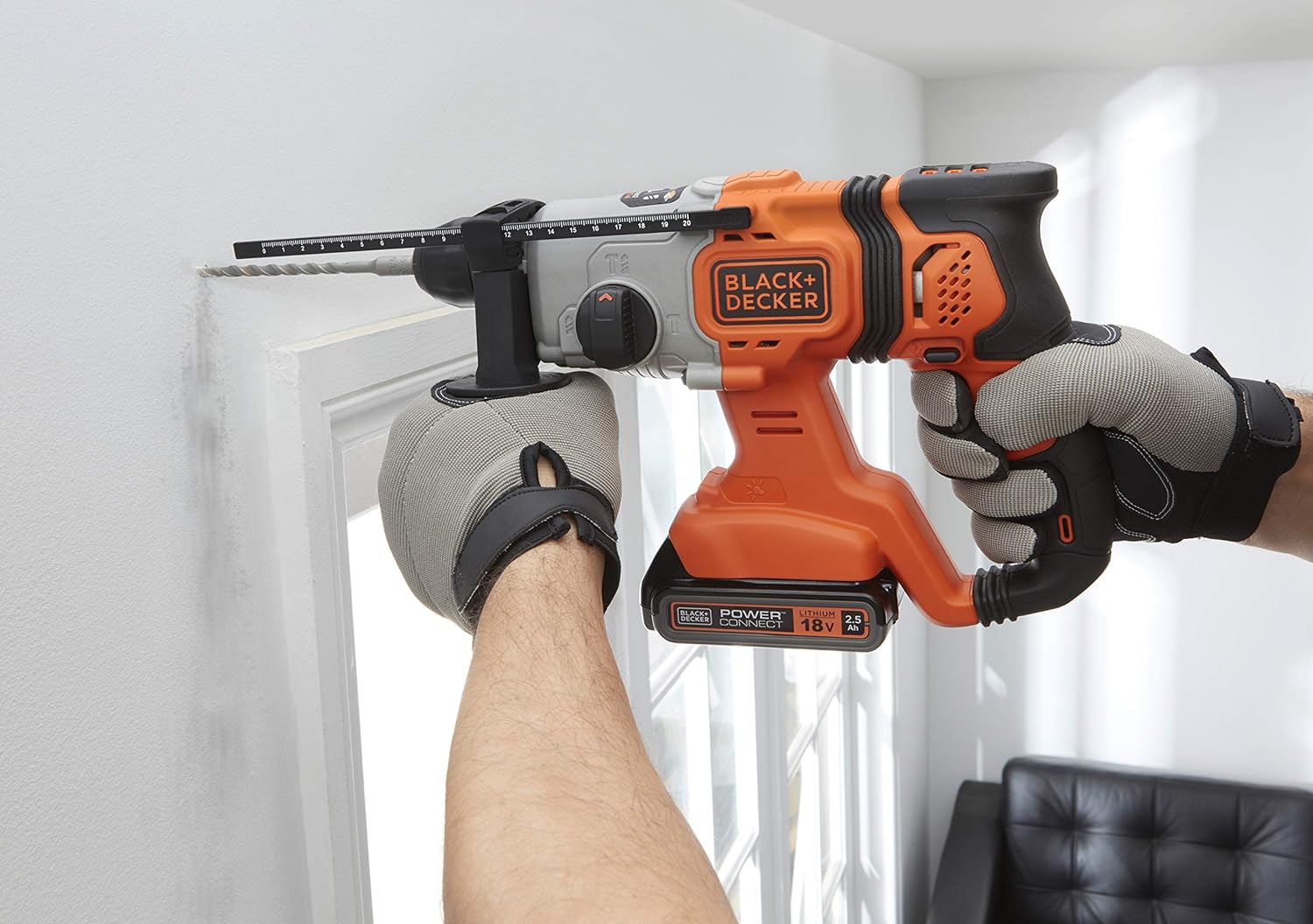 Black+Decker 18 V Sds-Plus Cordless Combination Hammer (1.2 Joules, for Effective Drilling, Impact Drilling and Light Chiseling, LED Work Light, Includes 2X Batteries, Charger, Case, 1X 6 Mm Drill) image number 4