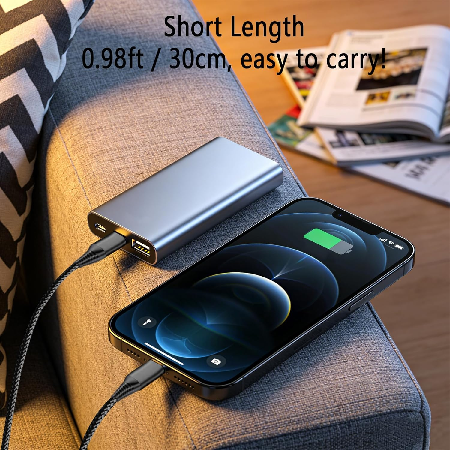 0.3 M USB C to IP Fast Short Charging Cable(3 Pack),Nylon Braided Mfi Certified Carplay Charger Power Delivery Charging Cord Compatible with Iphone 14/13/12/11/XS/XR/X/8 - Black image number 6