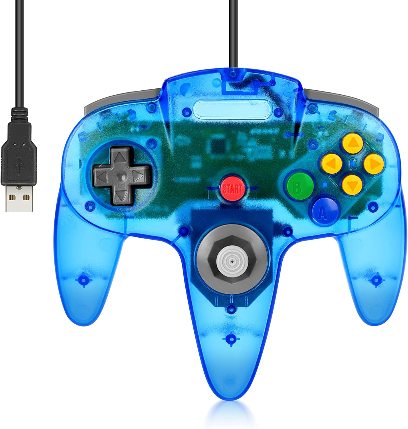 2 Pack Wired USB N64 Controller, FISUPER Classic Video Game Controller USB Gamepad for Windows PC MAC Raspberry PI Retropie (Clear Black + Clear Blue) image number 5