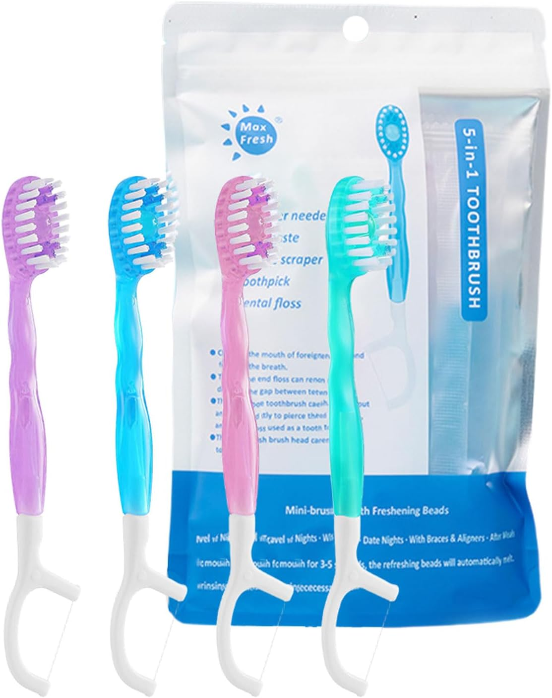 Disposable Toothbrush, 12Pcs Mini Toothbrush, 5-In-1 Disposable Toothbrushes Set with Freshening Bead, Floss, Pick, Tongue Scraper, Mini Travel Toothbrushes for Travel or Work image number 4