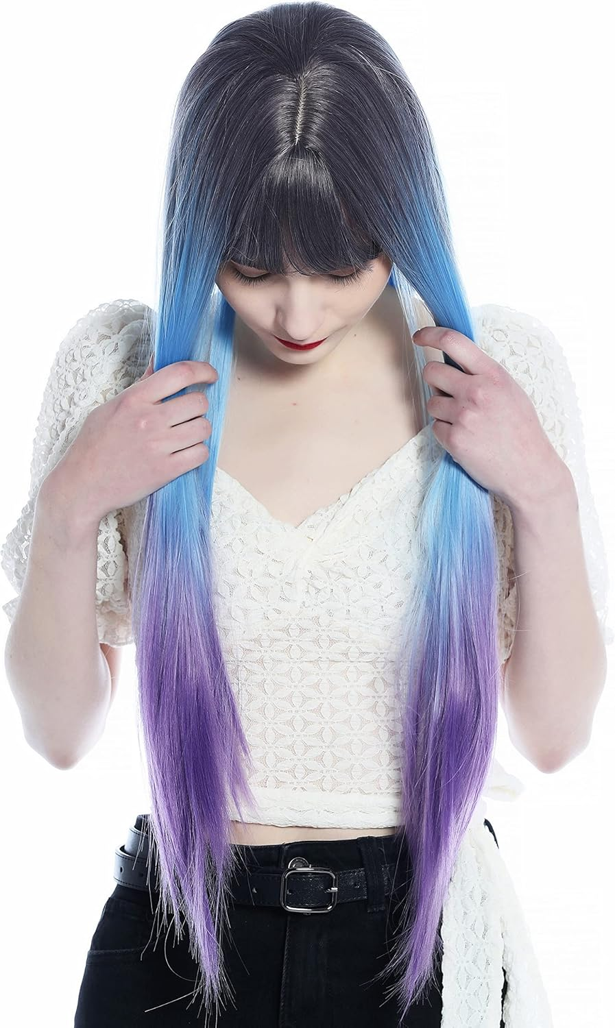 WIG ME up - SZL0810B-T-002 Women'S Wig Long Straight Fringe Ombre Purple Light Blue Purple