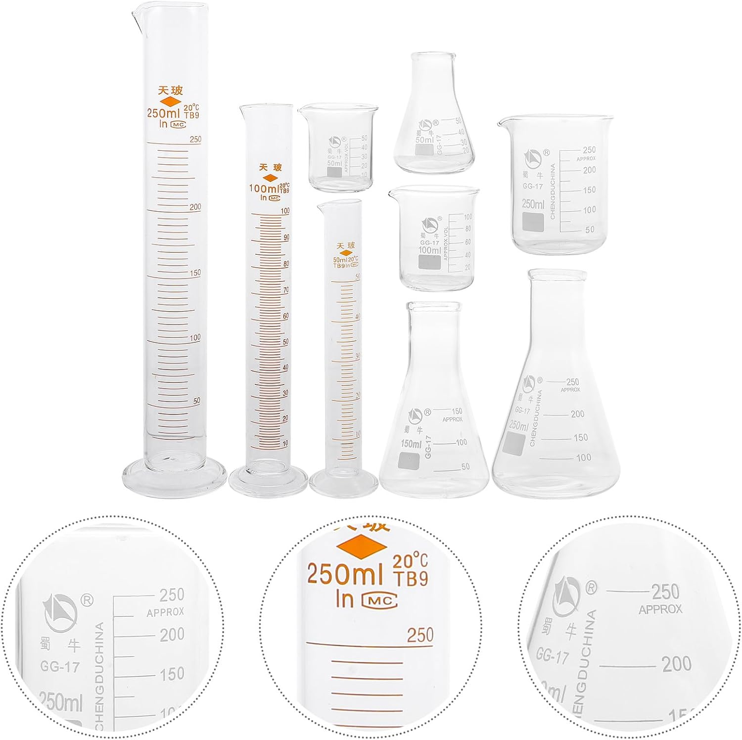 ULTECHNOVO Lab Glassware Set, 9Pcs- Includes 3 Beakers, 3 Erlenmeyer Flasks, 3 Graduated Measuring Cylinders, Beaker Set for Lab Experiment image number 5