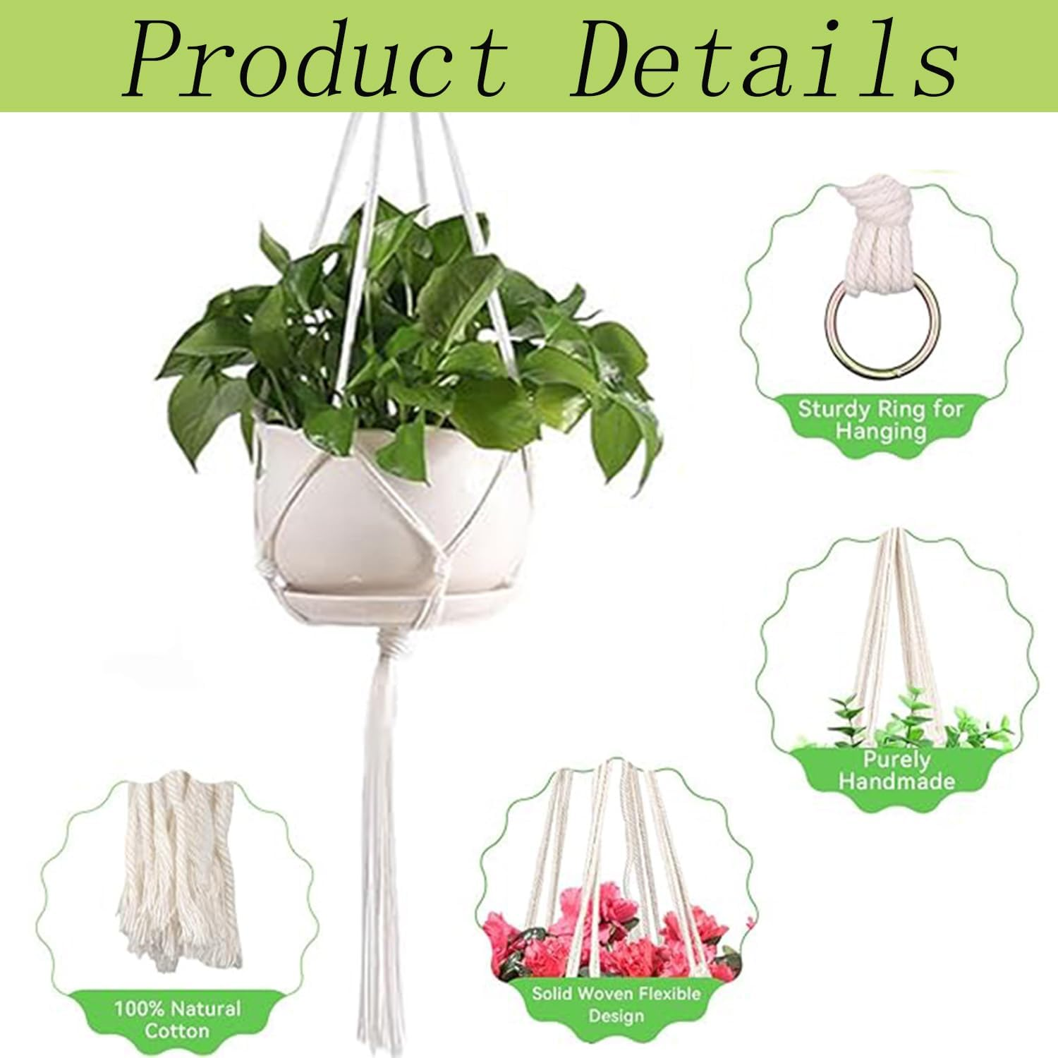 3Pcs Macrame Plant Hangers, Hanging Planter Basket, Boho Handwoven Cotton Rope Hanging Plant Holder, Ceiling Flower Pots Holder Decorative Stand for Indoor Outdoor Home Balcony Decor, Ivory