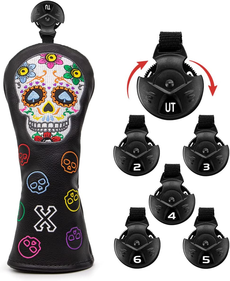 Montela Golf Club Covers,Colorful Skeleton Putter Cover Driver Covers Fairway Wood Headcover Hybrid Cover Leather Blade Putter Headcover Mallet for Brand