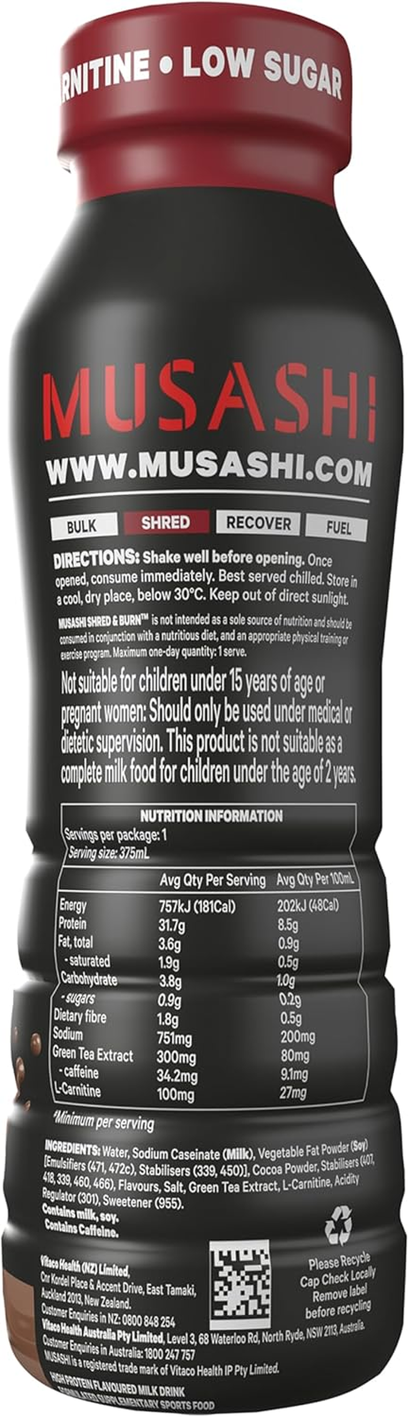 Musashi Muscle Recovery Ready to Drink Protein Shake - High Protein, Low Carb - Chocolate 6 Pack image number 4