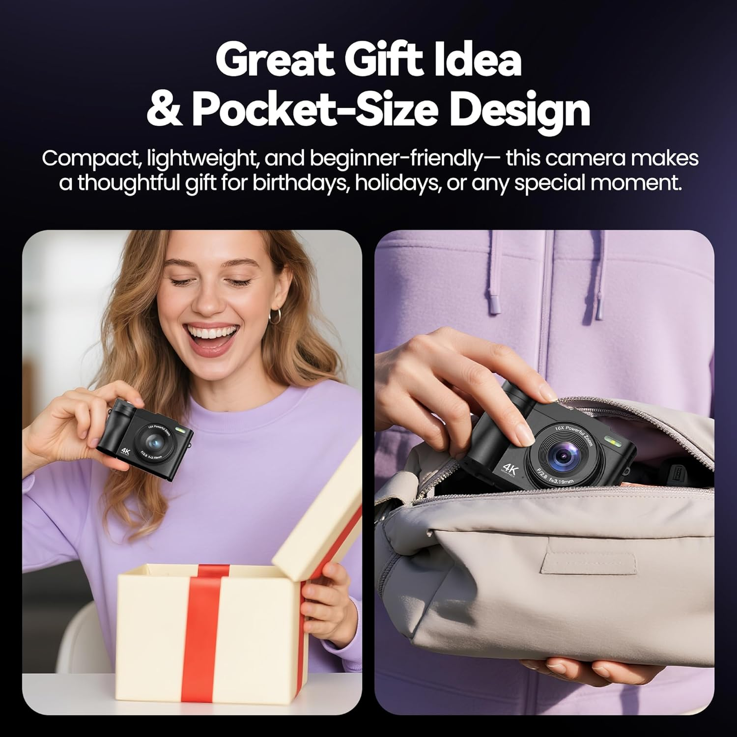 Digital Camera 4K for Photography Vlogging: 48MP Cameras for Video - 16X Zoom Photo Camera Gifts for Teens Ages 8-16 - 180&deg;Flip Screen Compact C&aacute;mara - Point and Shoot Digital Cameras for Youtube image number 1