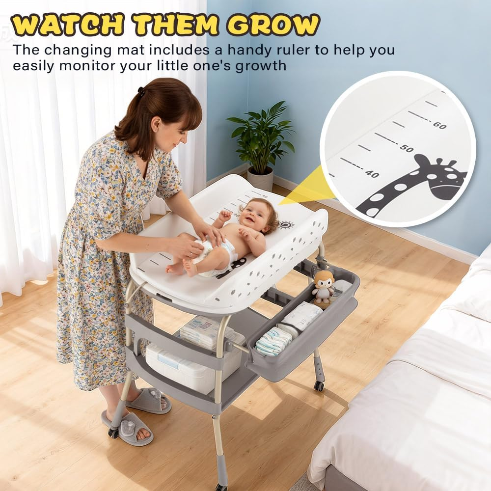 Playpals 2-In-1 Baby Change Table & Baby Bathtub, Adjustable Height Changing Station with Storage Basket & Safety Belt, Mobile Nursery Diaper Changing Table for Baby, Newborn (Grey) image number 3