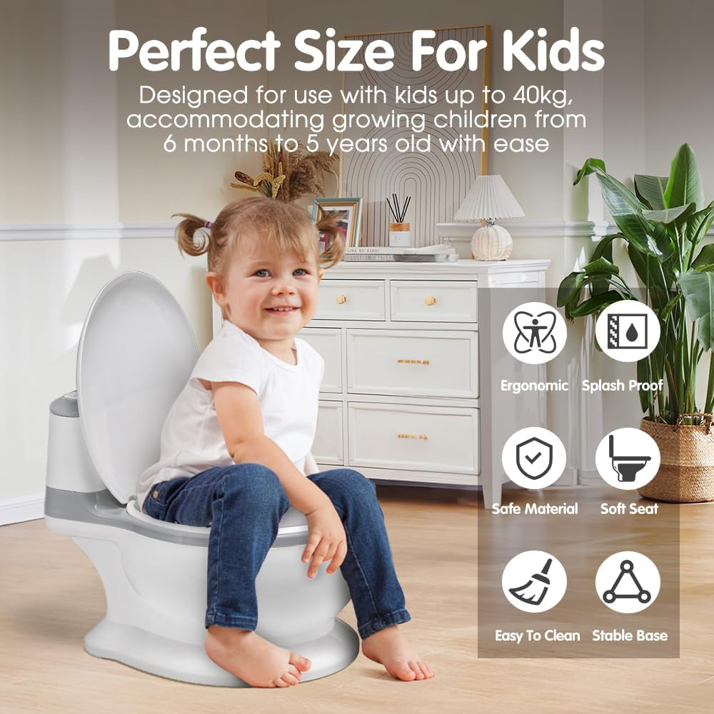 Playpals Realistic Potty Training Toilet for Toddlers & Babies with Soft Seat, Removable Potty Pot, Toilet Tissue Dispenser & Splash Guard - Easy to Empty and Clean, Grey image number 6