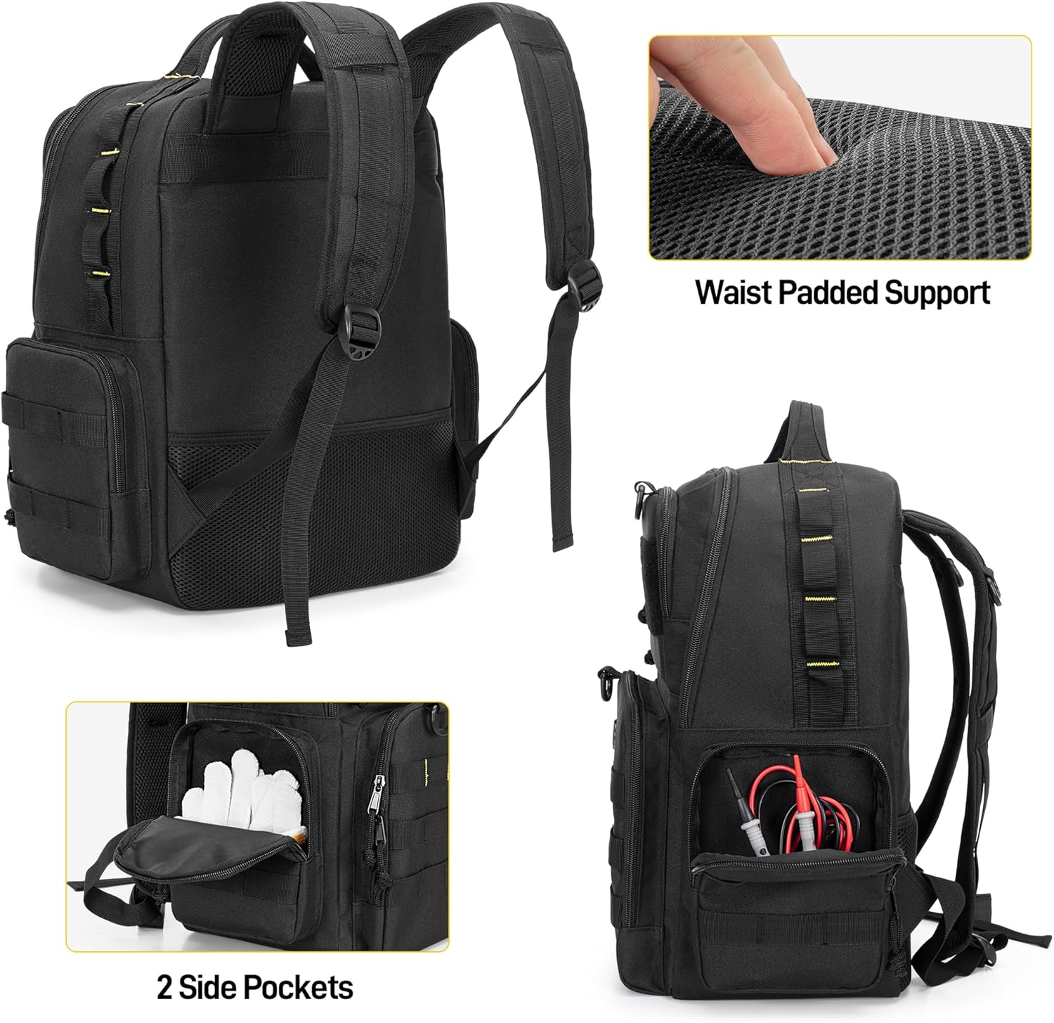 Rexmica Tool Backpack for Men with 3 Small Tool Pockets Organizer Bag for Tool Storage, Tactical Work Tool Bag for Electricians, Craftsmen, Black