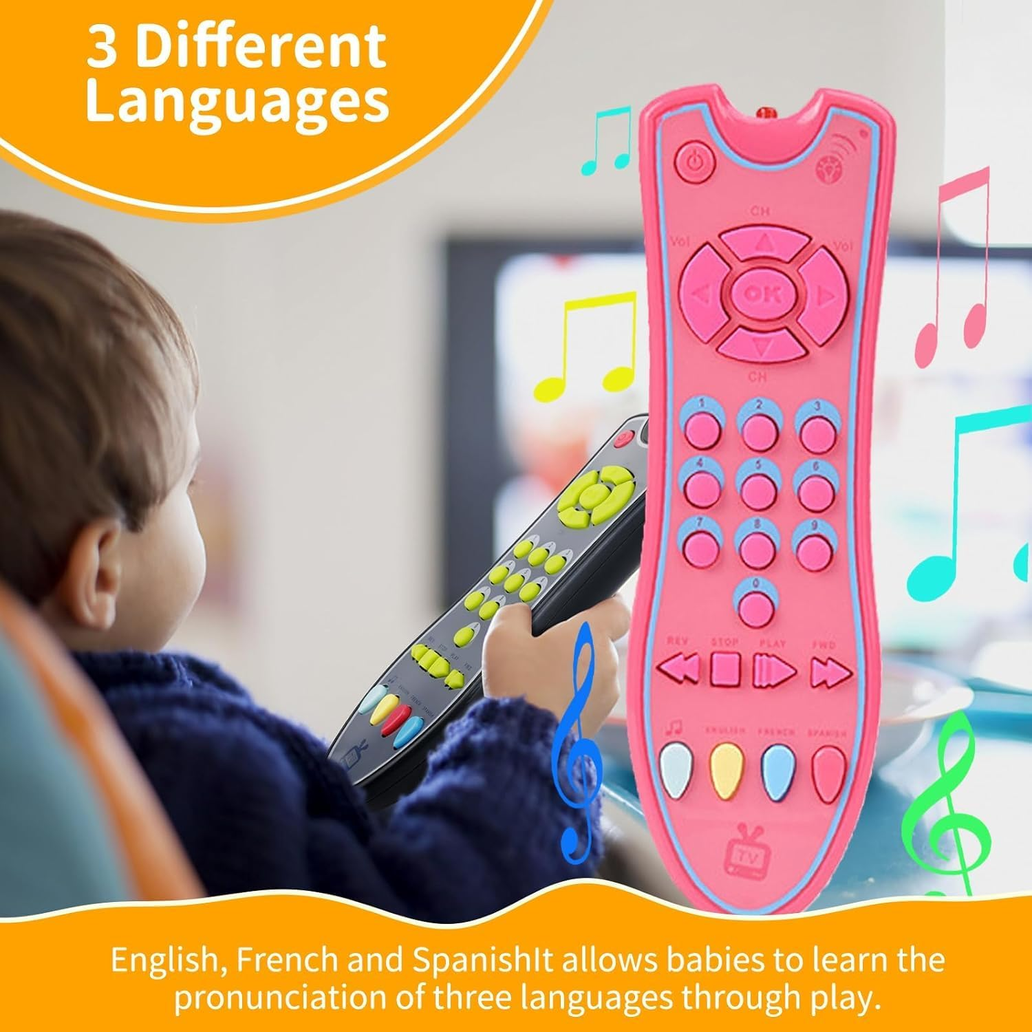Kids Realistic TV Remote Control Toy with Musical Sound and Soft Light, Early Educational Toy with English Spanish and French 3 Language, Sensory Learning Toys for 6 12 18 Months+ Toddlers (Pink) image number 5