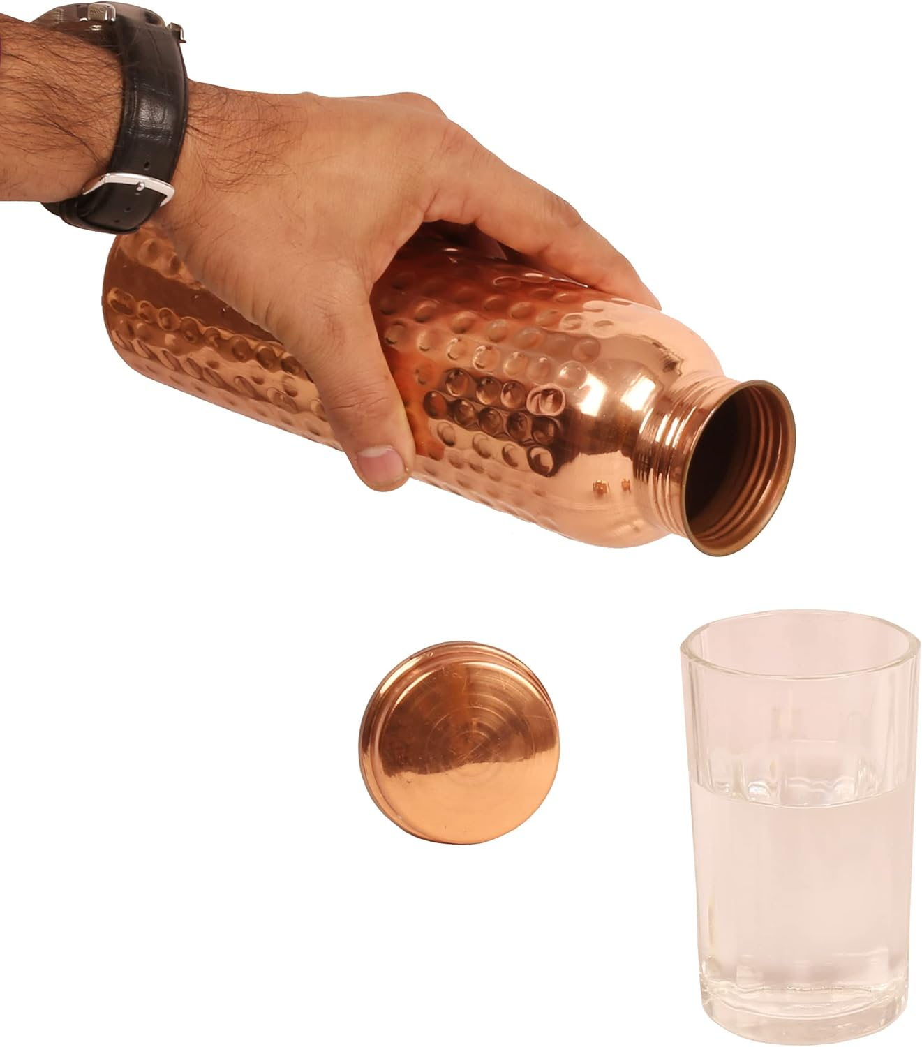 Indtresor Pure Copper Water Bottle - Handcrafted - Ayurveda Health Benefits - Large 35 Oz - Leak Proof, Easy to Carry for Sports, Fitness, Yoga, School - Natural Hammered Beaten Copper Finish image number 1