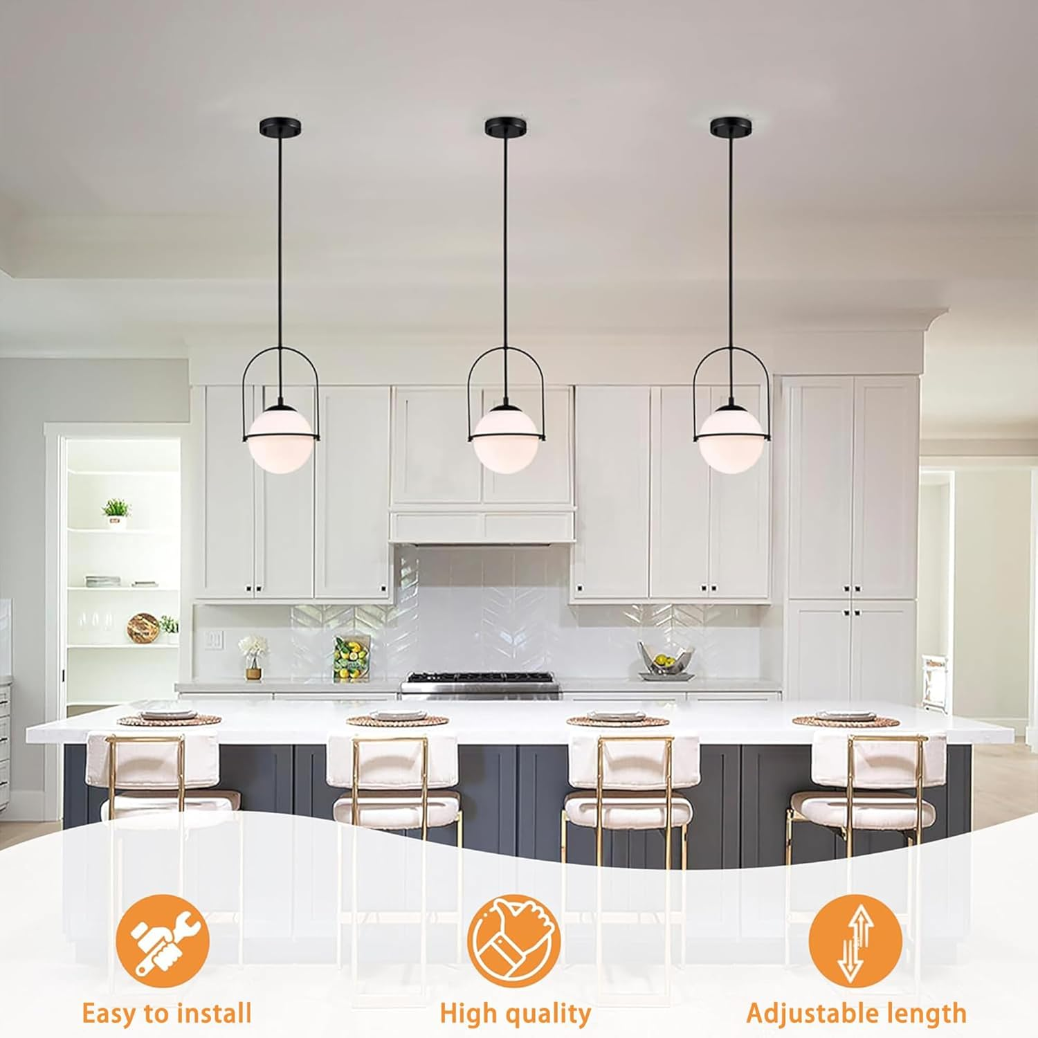 Black Globe Pendant Light, Mid Century Modern Hanging Light with 18 Cm (7.09") Glass Shade, Adjustable Pendant Light for Kitchen Island & Dining Room image number 3